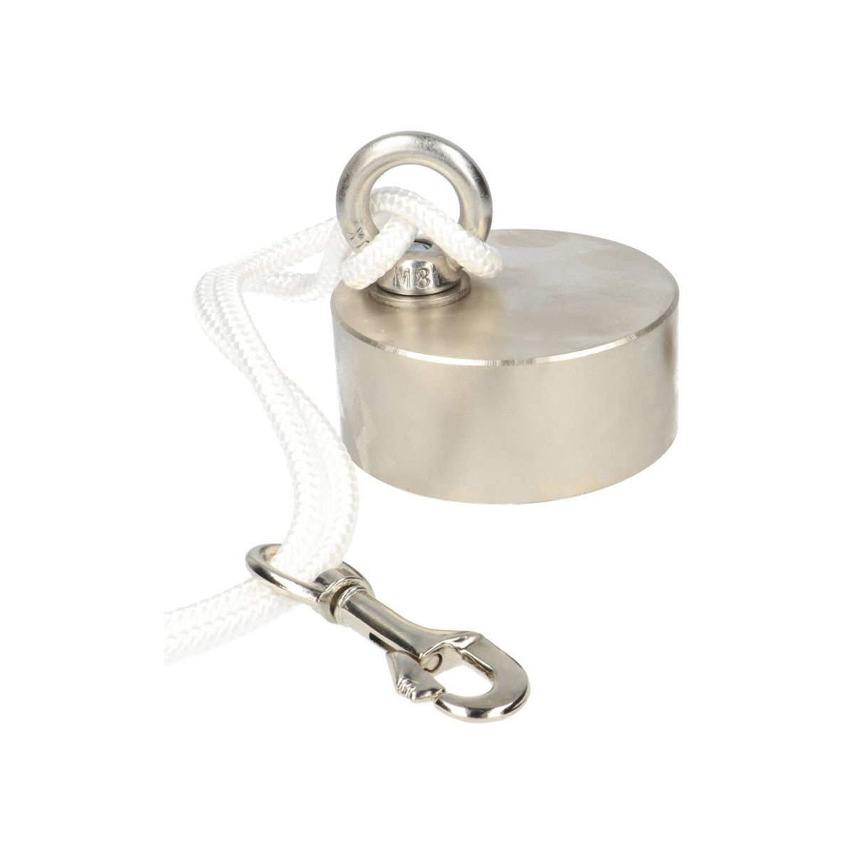 Aimant de pêche en néodyme Ø 80 x 35 mm, force d'attraction de 400 kg, NiCuNi – Lot comprenant 25 m de corde, un écrou à œil, un boulon et un mousqueton