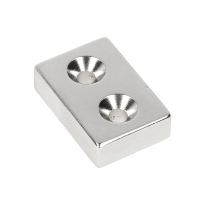 Neodymium Block Magnet with 2x Countersunk Holes 30 x 20 x 8 mm N48 NiCuNi North Pole