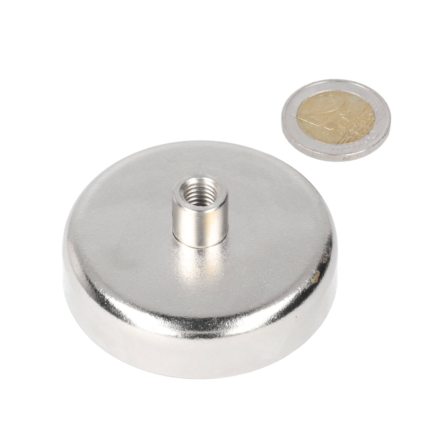Neodymium Potmagneet Ø60 x 15 mm N40 NiCuNi draadbus M8 - Magnetenspecialist Import & Export B.V.