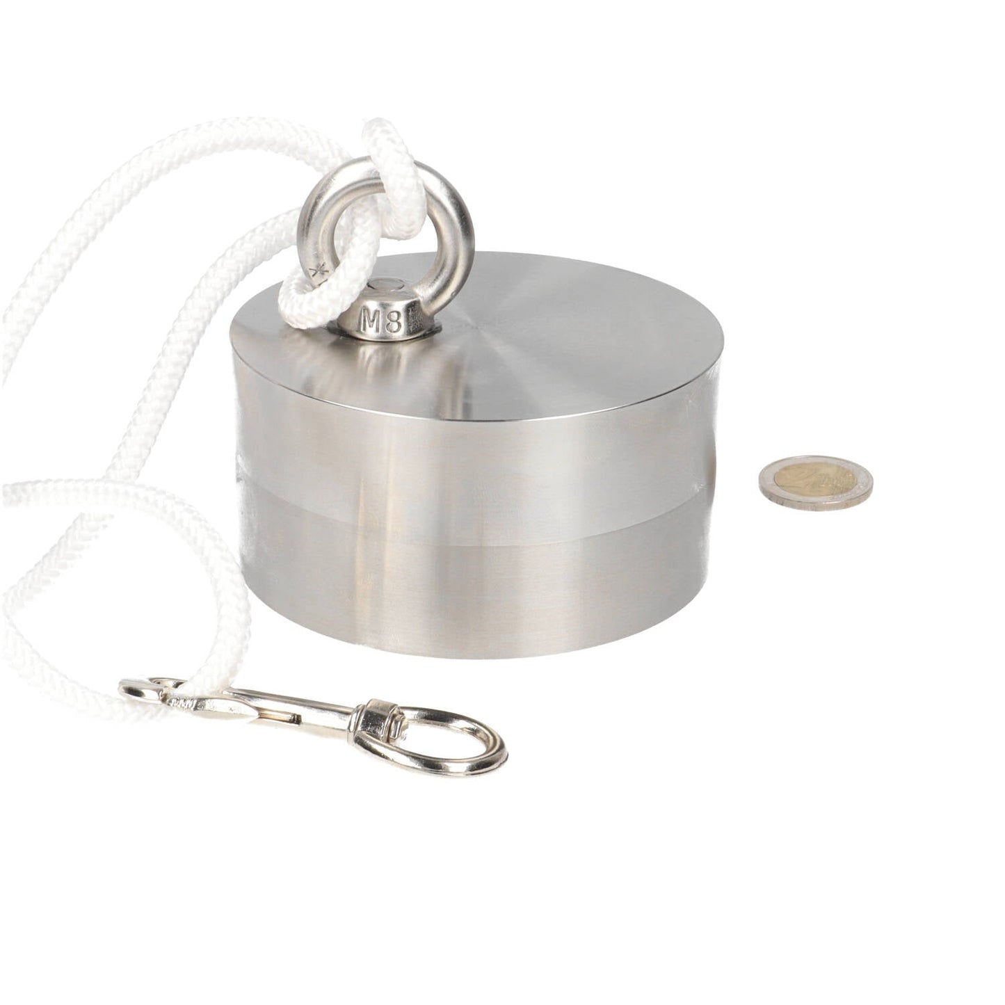 Neodymium Vismagneet Ø100 x 50 mm 500 kg Trekkracht NiCuNi – Set met 25 m Touw, Oogmoer, Bout en Musketon - Magnetenspecialist Import & Export B.V.