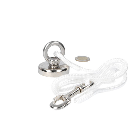 Neodymium Vismagneet Ø48 x 10 mm 88 kg Trekkracht NiCuNi – Starterset met 16 m Touw, Oogmoer en Bout - Magnetenspecialist Import & Export B.V.