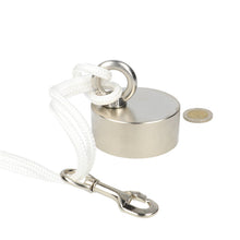 Neodymium Vismagneet Ø70 x 30 mm 260 kg Trekkracht NiCuNi – Set met 25 m Touw, Oogmoer, Bout en Musketon - Magnetenspecialist Import & Export B.V.